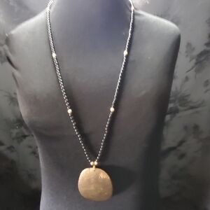 Vintage Necklace Black Beads Bronze Tone Pendant Plastic 32" Long Lightweight